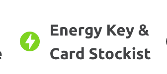 a white lightning bolt in a green circle beside text that reads "Energy key and card stockist"