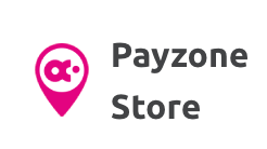 A pink map pin with a white circle containing the payzone symbol. It's labelled "Payzone store"